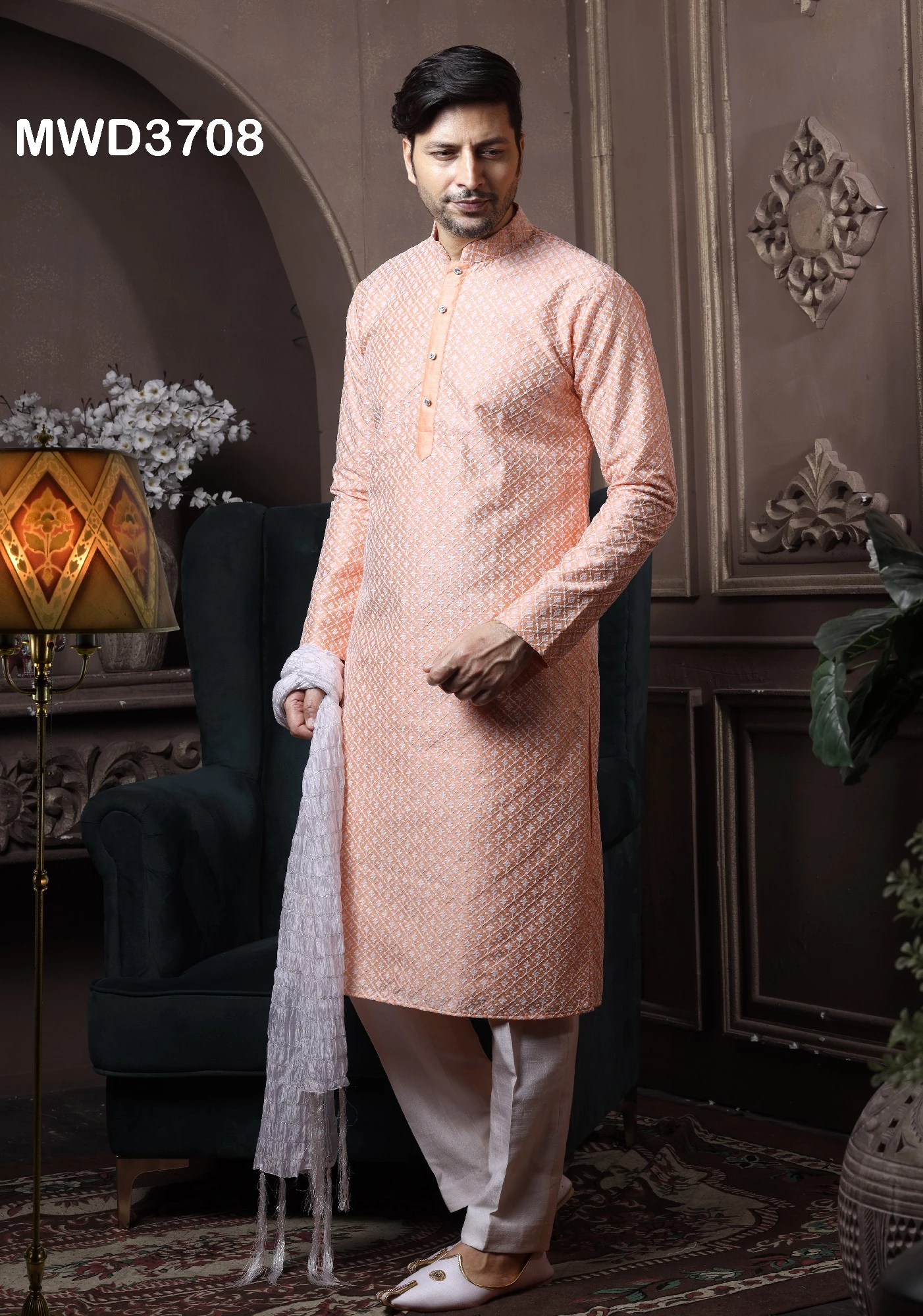 Orange Readymade Chikankari Embroidered Silk Kurta Pajama, 36-1.webp